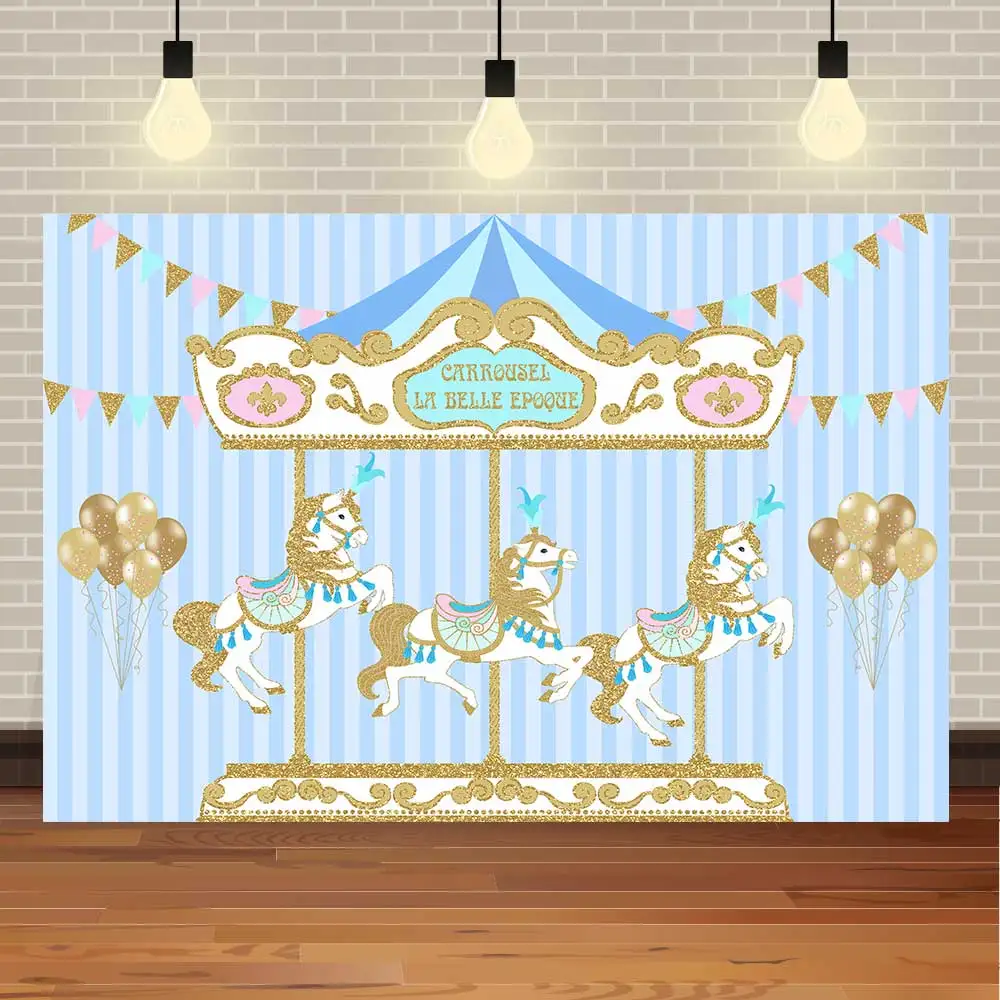 NeoBack Happy Birthday Baby Shower Blue Carousel Prince Amusement Park Party Banner Photo Backdrop Photography Background