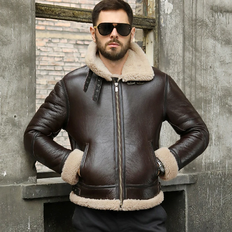 

New Mens B3 Shearling Jacket Short Motorcycle Jacket Genuine Leather Jacket Mens Winter Coats Thicken Sheepskin Coat