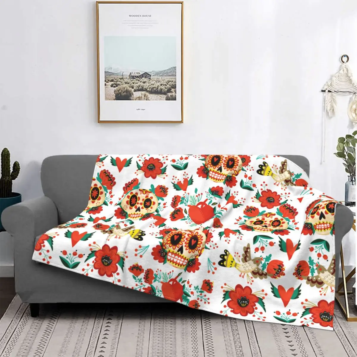 

Sugar Skull Halloween Mexican Fleece Throw Blankets Adorable Folk Style Blanket for Sofa Bedroom Warm Plush Thin Quilt