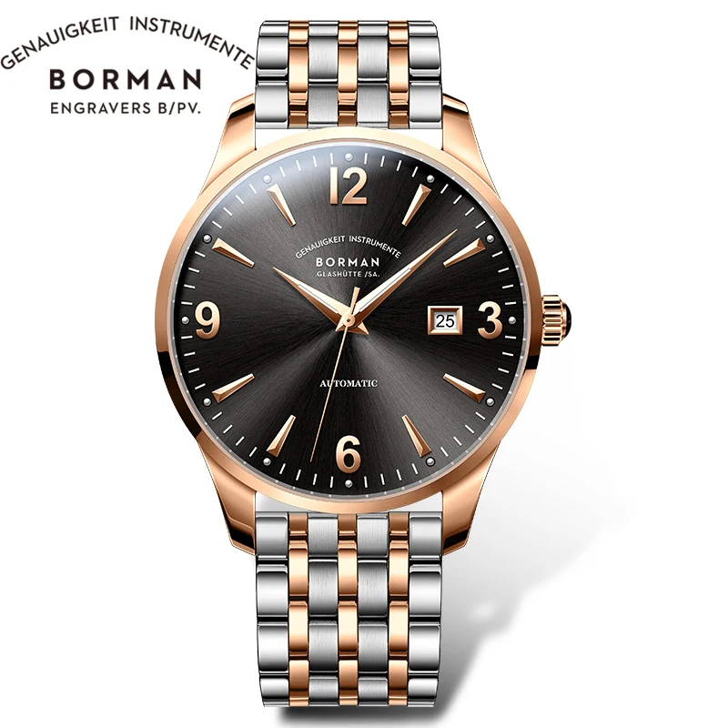 بورمان 316L الفولاذ المقاوم للصدأ الرجال التلقائي ساعات آلية مضيئة الأيدي الياقوت الزجاج مقاوم للماء 50 متر ساعة مع تاريخ ساعة