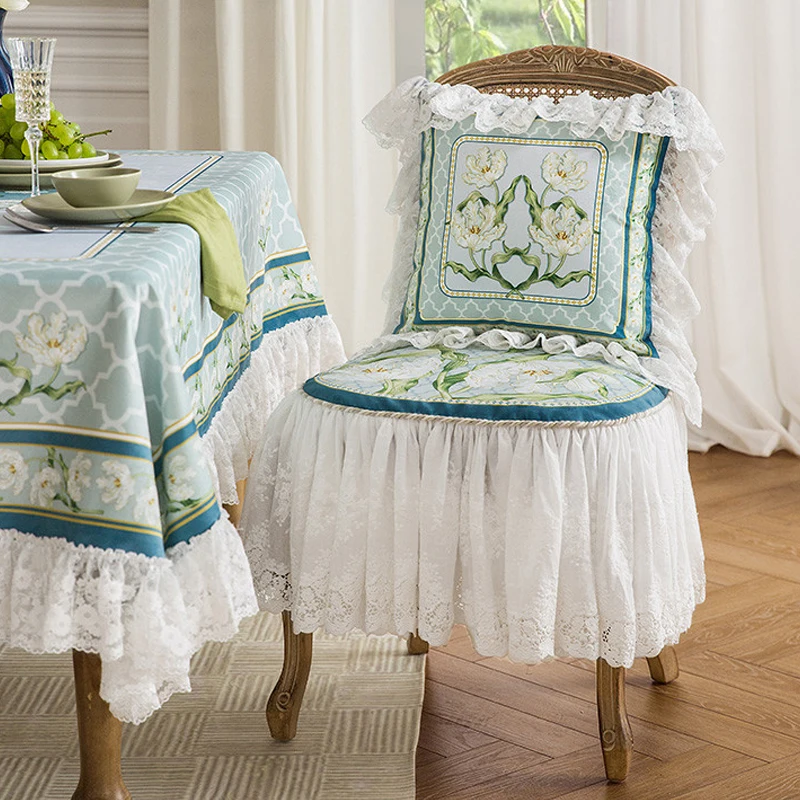 

Romantic French Chair Cover Retro Light Luxury Dining Table Chair Cover Custom Gentle Blue Green Chair Cushion Chair Cover