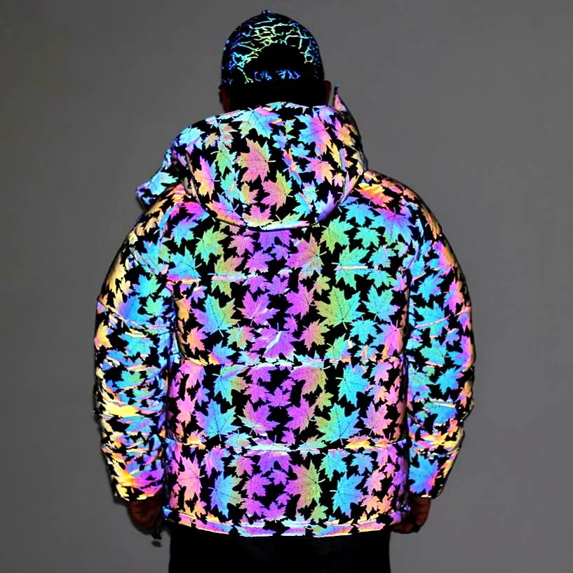 Winter Mannen Regenboog Reflecterende Hooded Parka Beneden Katoen Jasje Lichtgevende Kleding Straat Nachtclub Hip Hop Dance Cargo Outcoat