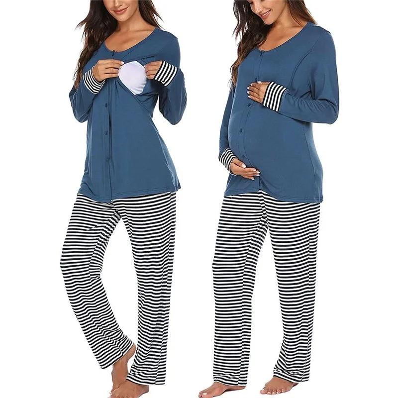 

Nursing Pajamas Set Spring Autumn Sleepwear Pyjama Allaitement Nightie For Feeding Tops Pants Maternity Women Pregnancy Clothes