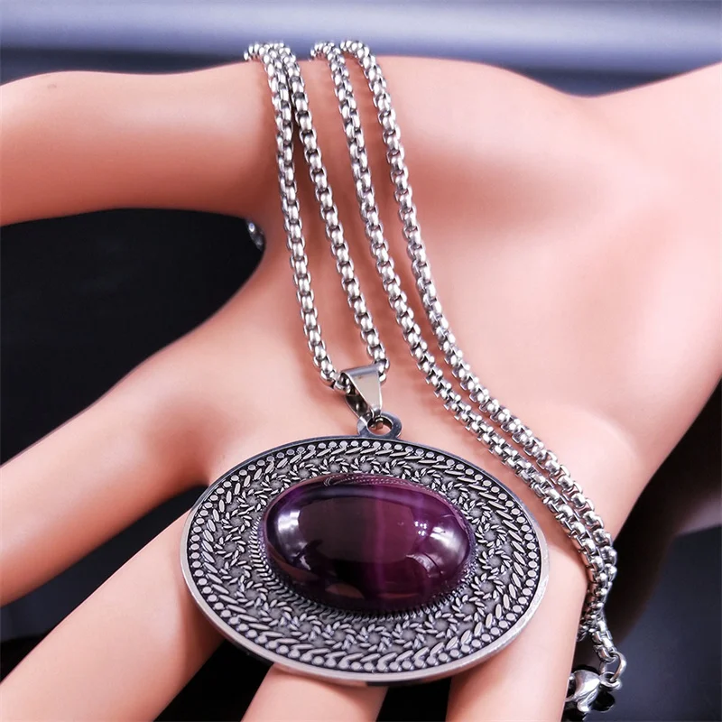 Stainless Steel Bohemia Natural Stone Vintage Necklaces Women Silver Color Oval Chain Necklace Jewelry Reiki Healing Gift N8150