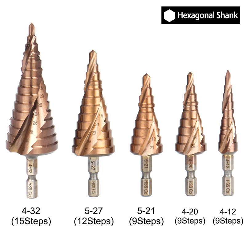 5/9/15steps 4-32mm High Speed Steel Spiral Grooved Metal Conical Drill Bit HSS Step Cone Cutter Tools Titanium Coated Metal Bit