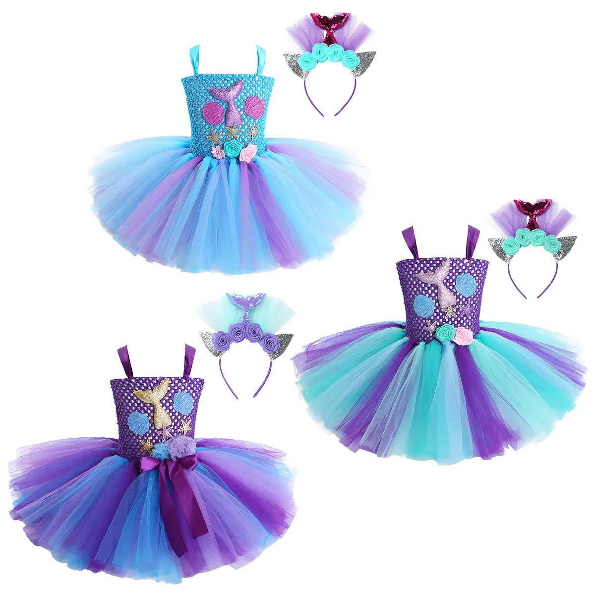 Kids Meisjes Cosplay Party Jurk Prinses Jurk Up Mermaid Tulle Tutu Jurken Thema Verjaardagsfeestje Kostuum Met Bloem Hoofdband