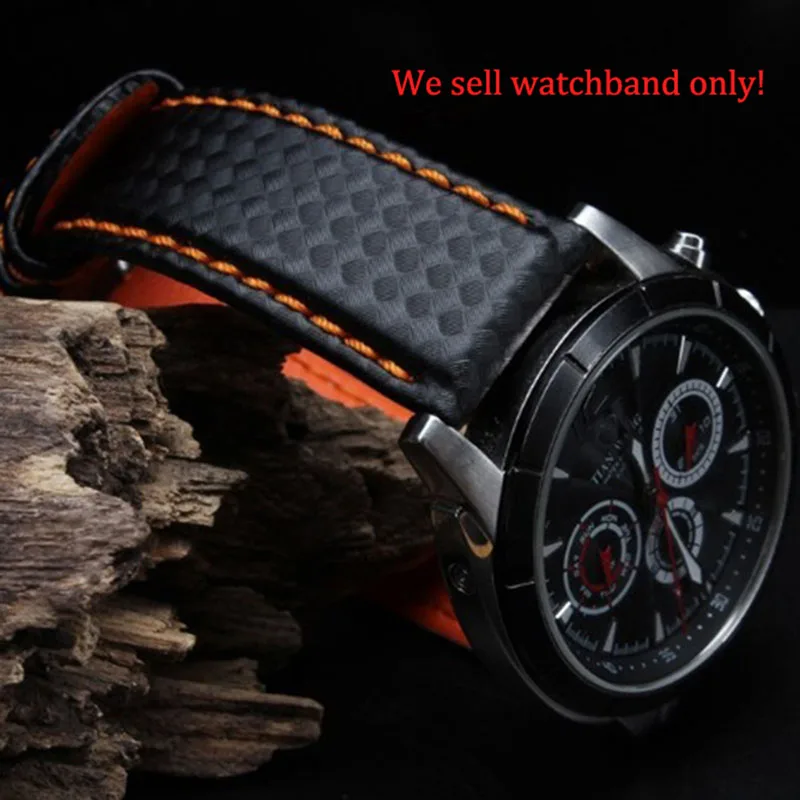 18mm 20mm 22mm 24mm Mens Watch Band Carbon Fibre Watch Strap with Red Stitched + Leather Lining Stainless Steel Clasp watchband