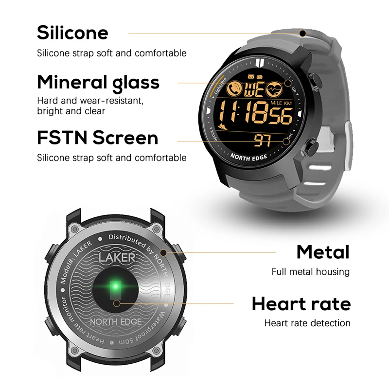 NORTH EDGE-reloj Digital militar para hombre, resistente al agua, 50M, podómetro deportivo para correr, cronómetro, pulsera de frecuencia cardíaca,