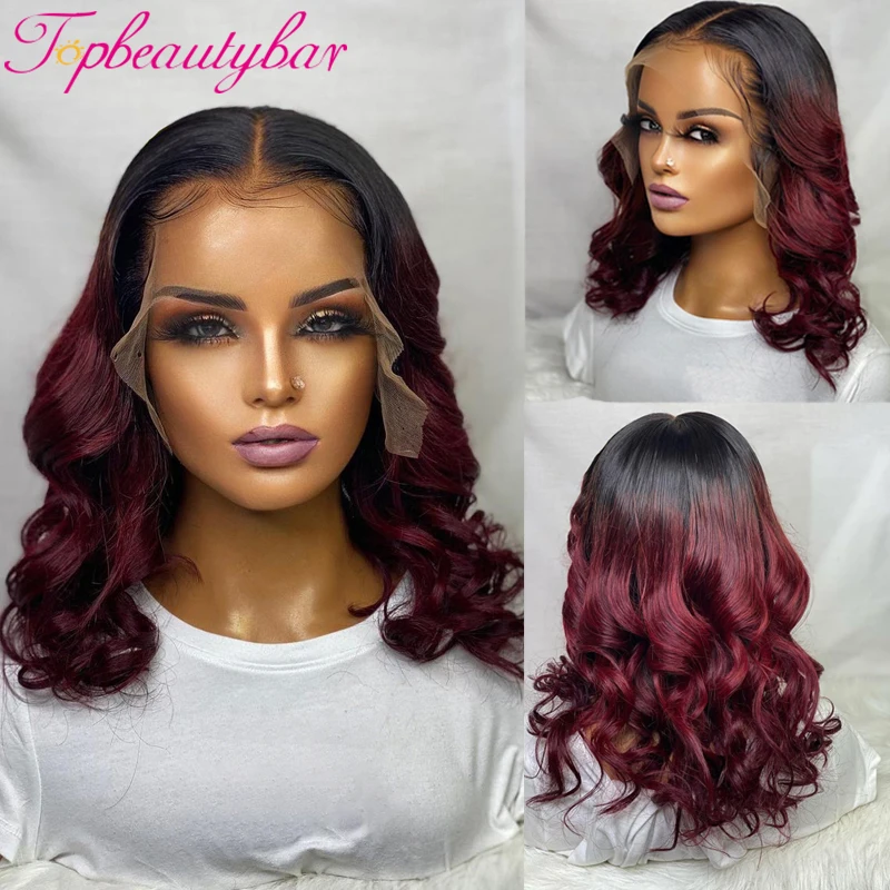 Ombre Red Color Short Bob Wavy 13x4 Lace Frontal Wig 180% Ombre Brazilian Remy Human Hair Wigs For Women Preplucked