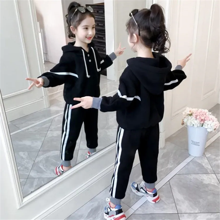 2024 autumn teenager winter kids baby Girls Tracksuit striped thick hoodied tops + sport pants Child 4 5 6 7 8 9 10 11 12 years