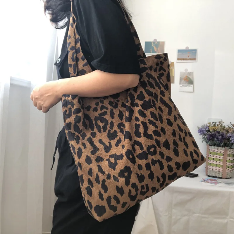 Retro Corduroy Women Large Shoulder Shopping Bags Vintage Ladies Thin Cotton Casual Tote Leopard Pattern Girls Handbags Vest Bag
