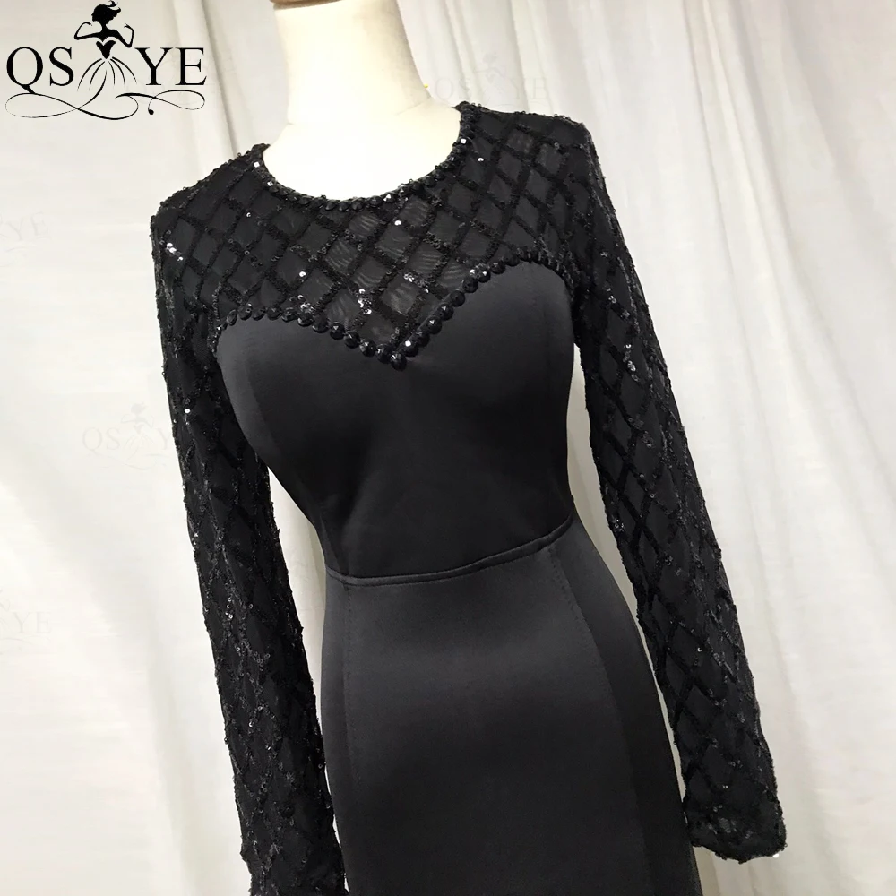 Qsyye tamanho quebrado preto sereia vestidos de noite lantejoulas deve mangas compridas vestido de festa cauda sexy keyhole volta formal vestidos