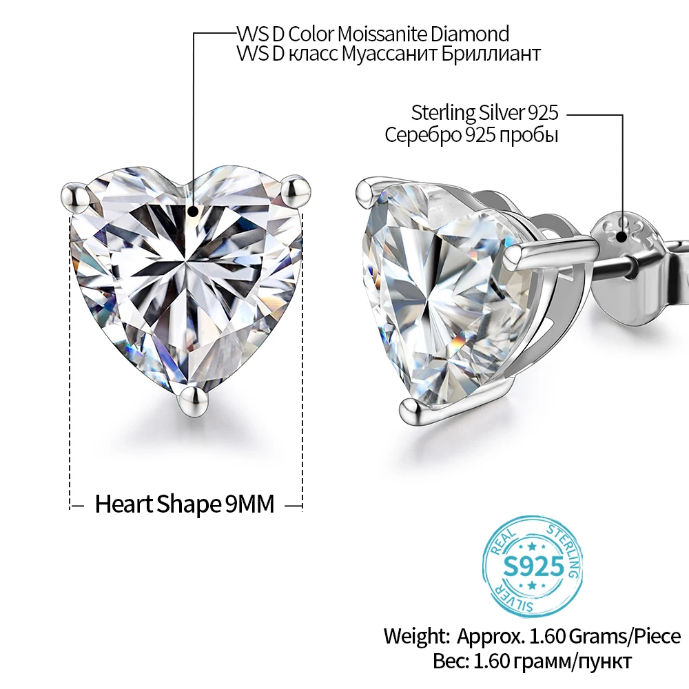 ATTAGEMS Heart Moissanite Diamond Earrings 925 Sterling Silver Jewellery Statement Stud Earrings For Women Fine Jewelry