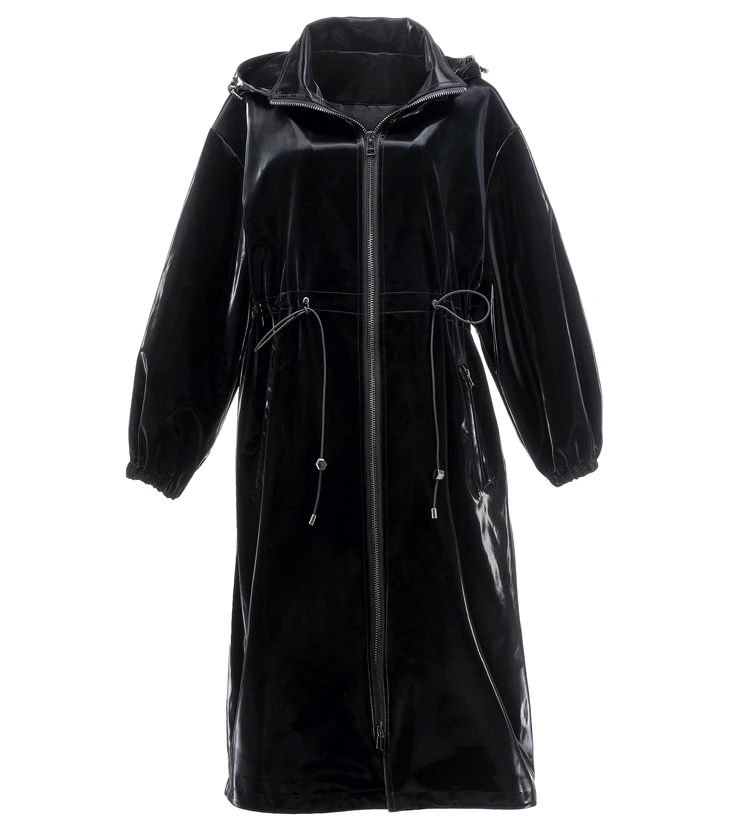Nerazzurri Long Black Warm Oversized Shiny Patent Leather Trench Coat for Women, Long Sleeve Zip-Up Fall Fashion 2023 Windbreake