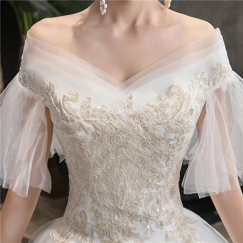 Cheap Lace Flare Sleeve Wedding Dress 2022 Fashion Simple Elegant Gowns Bride  V neck Off Shoulder Vestido De Noiva GZ76