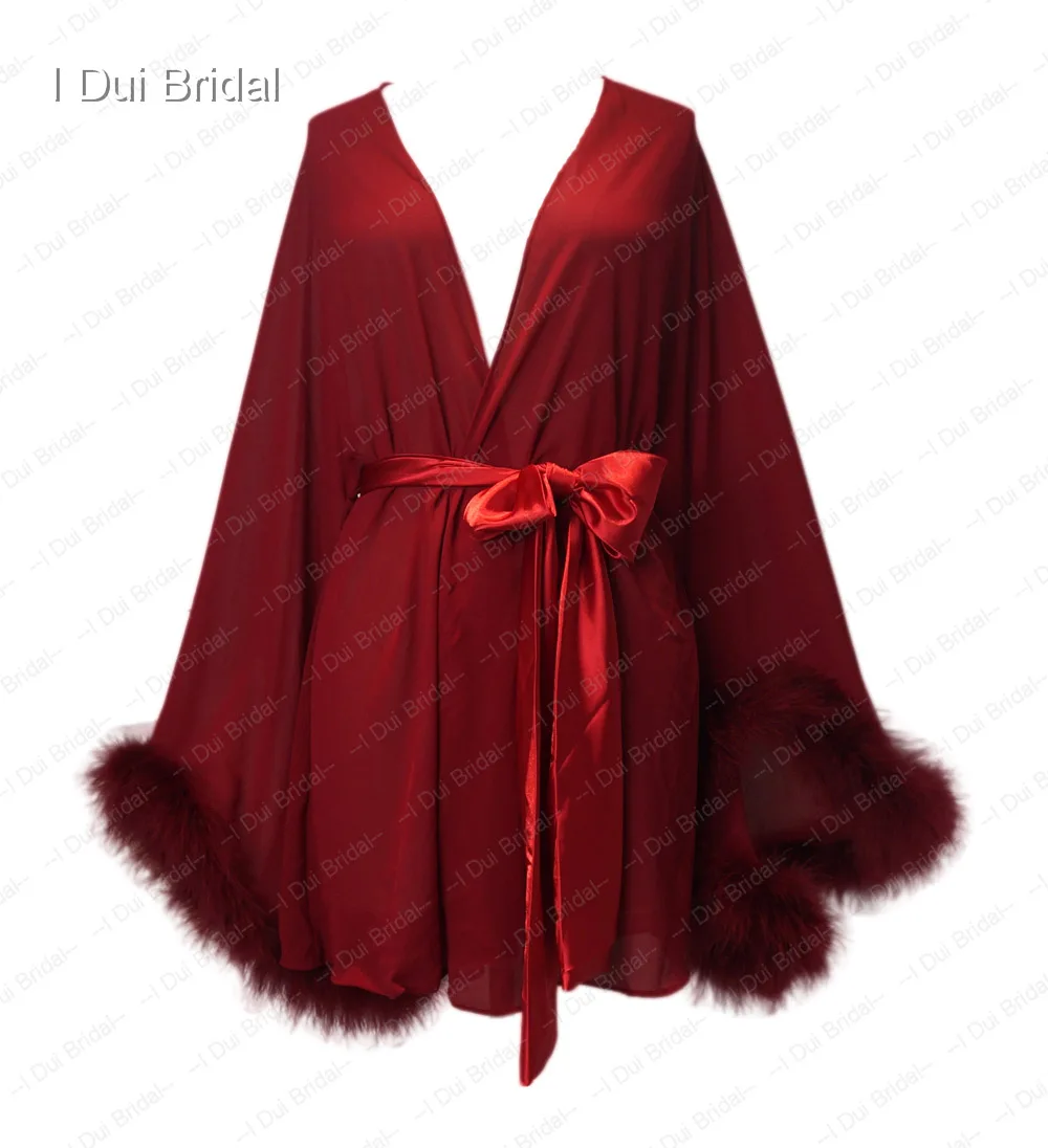 Bride Short Chiffon Robe with Marabou Trim on Sleeve Summer Holiday Dress with Sash Sexy Night Gown Pajamas Bachelore Party Robe