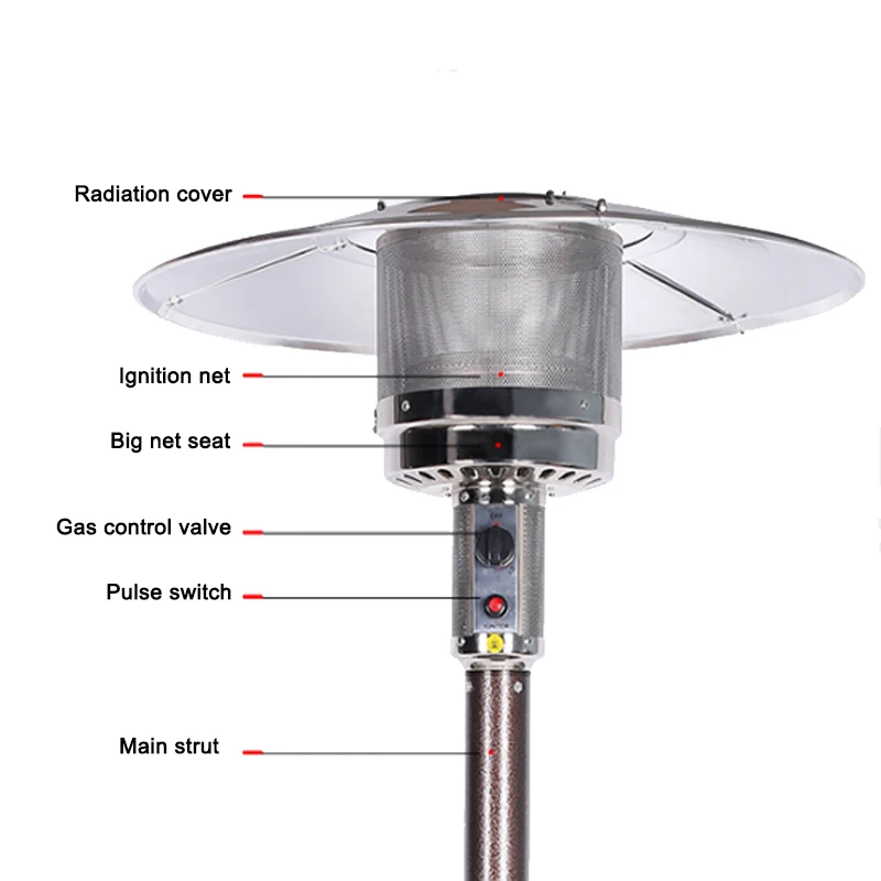 Aço inoxidável, commerciapatio aquecedor com saída de rodas, sistema de ignição eletrônica, base ponderada, portátil ao ar livre calor lam