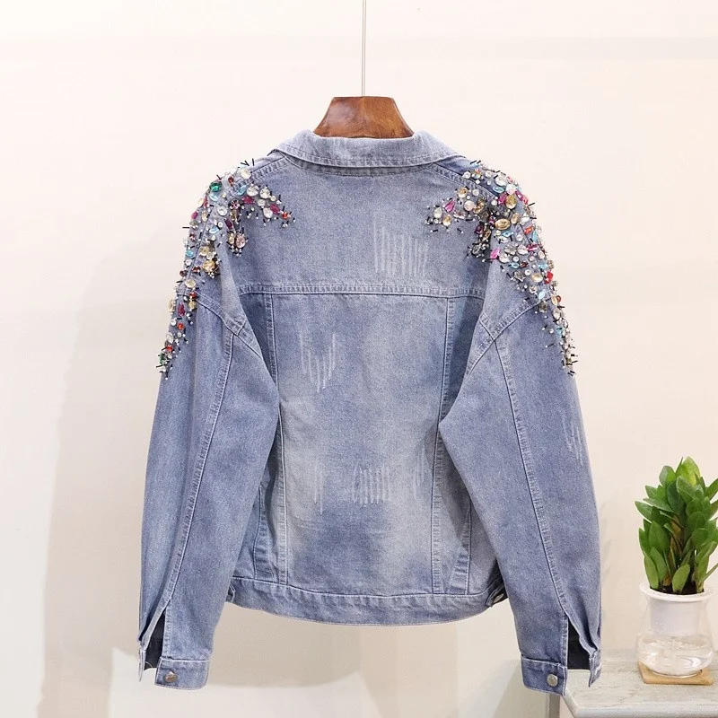 

Quality Top Handwork Embroidered Flares Diamonds Womens Outerwear Coats Long Sleeve Loose Fit Female Denim Jackets Streetwear