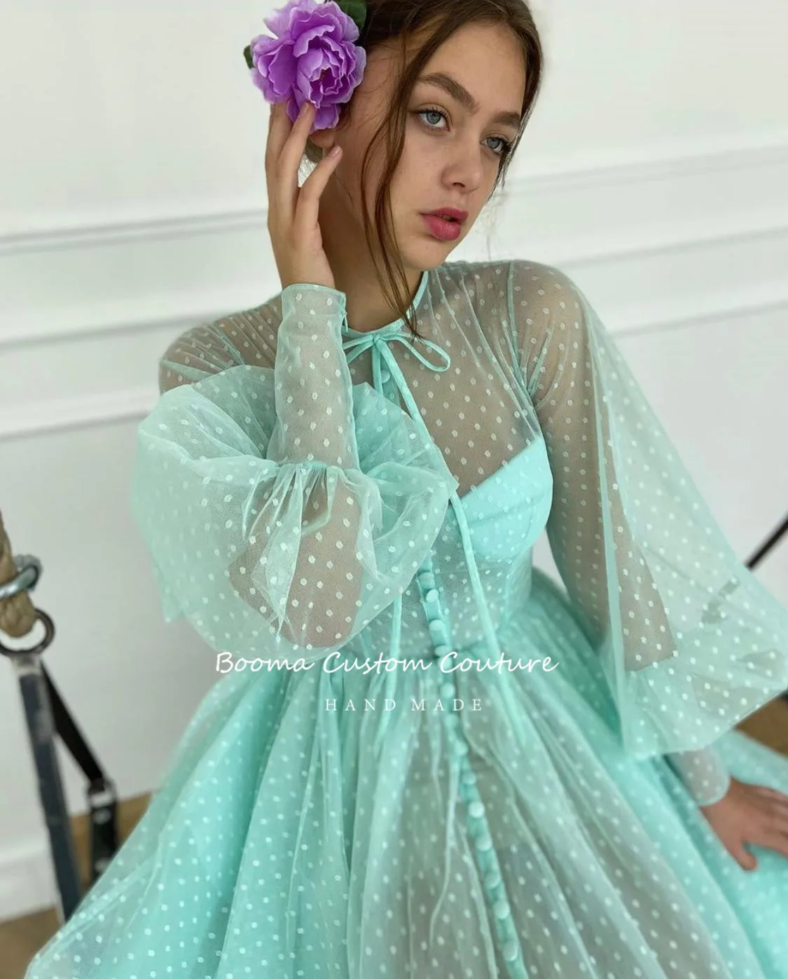 Booma Aqua Tulle Punteggiato Abiti Da Ballo O-Collo Lunga Puff Maniche Illusion Una Linea di Vestiti Da Partito Con Bottoni Top Tea-lunghezza Abiti di Promenade