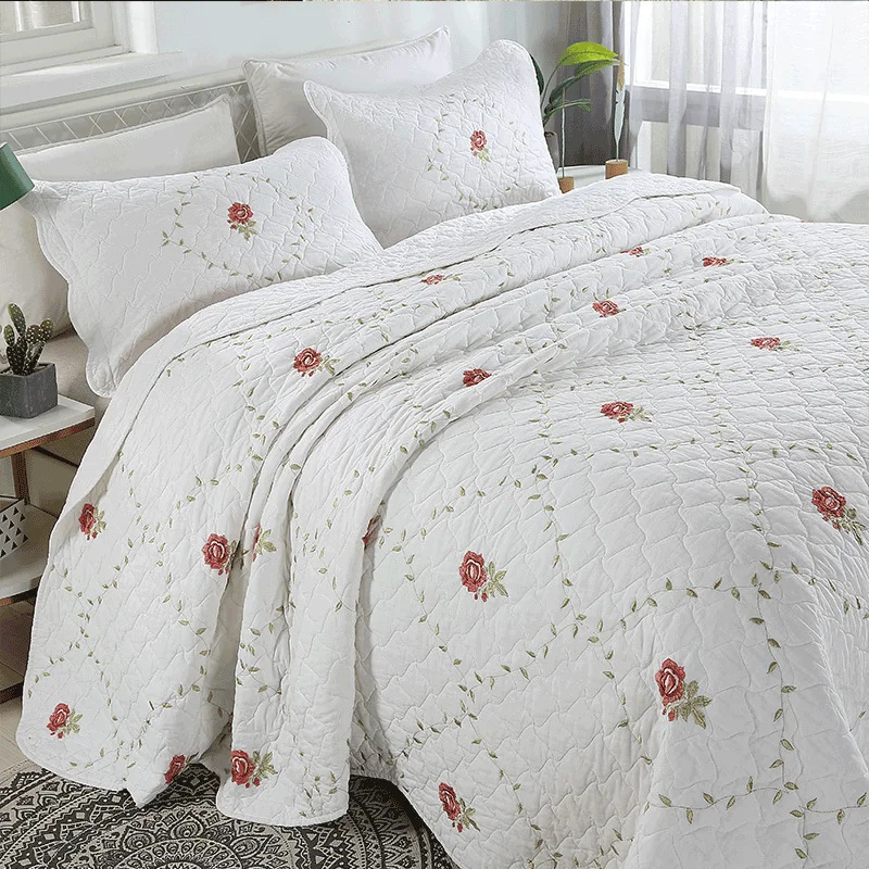 

Embroidered 100% Cotton Quilt Set 3PCS King Size Bedspread with 2 Pillwcase Home Decor Lightweight Comforter Mattress Topper