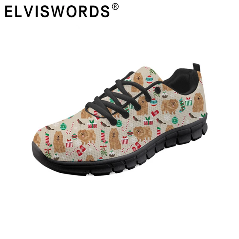 Elviswords bonito senhora apartamentos tênis casuais dos desenhos animados animal pomeranian floral padrão sapatos planos luz respirável malha sapatos femininos