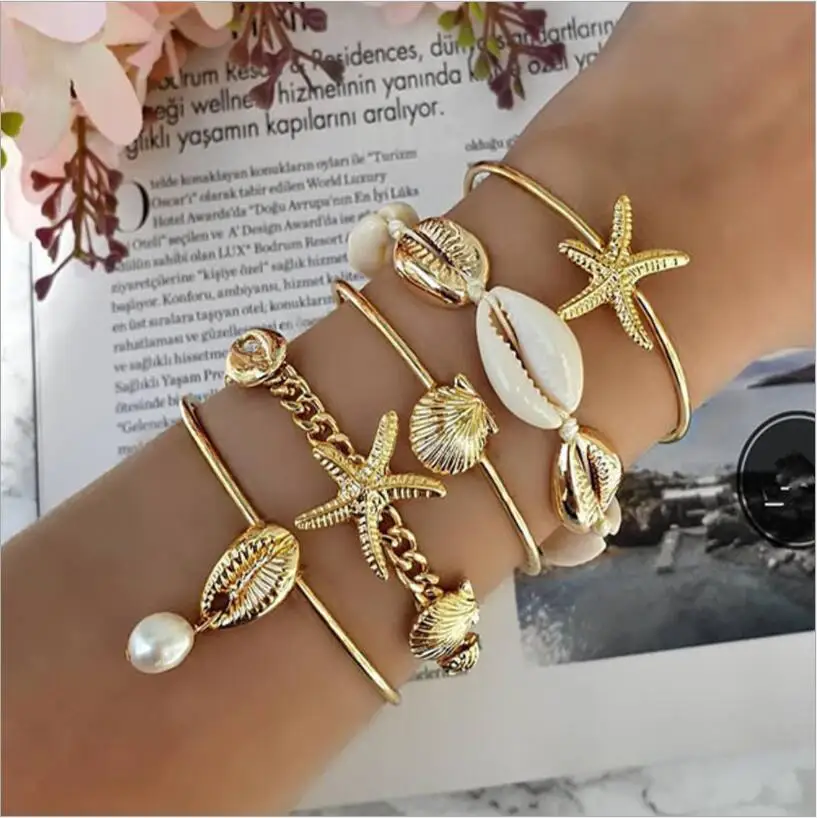 

5pcs/lot Bohemian Mixed Golden Shell Starfish Bracelet Women Summer Beach Casual Jewelry Accessories Friendship Gift S2259