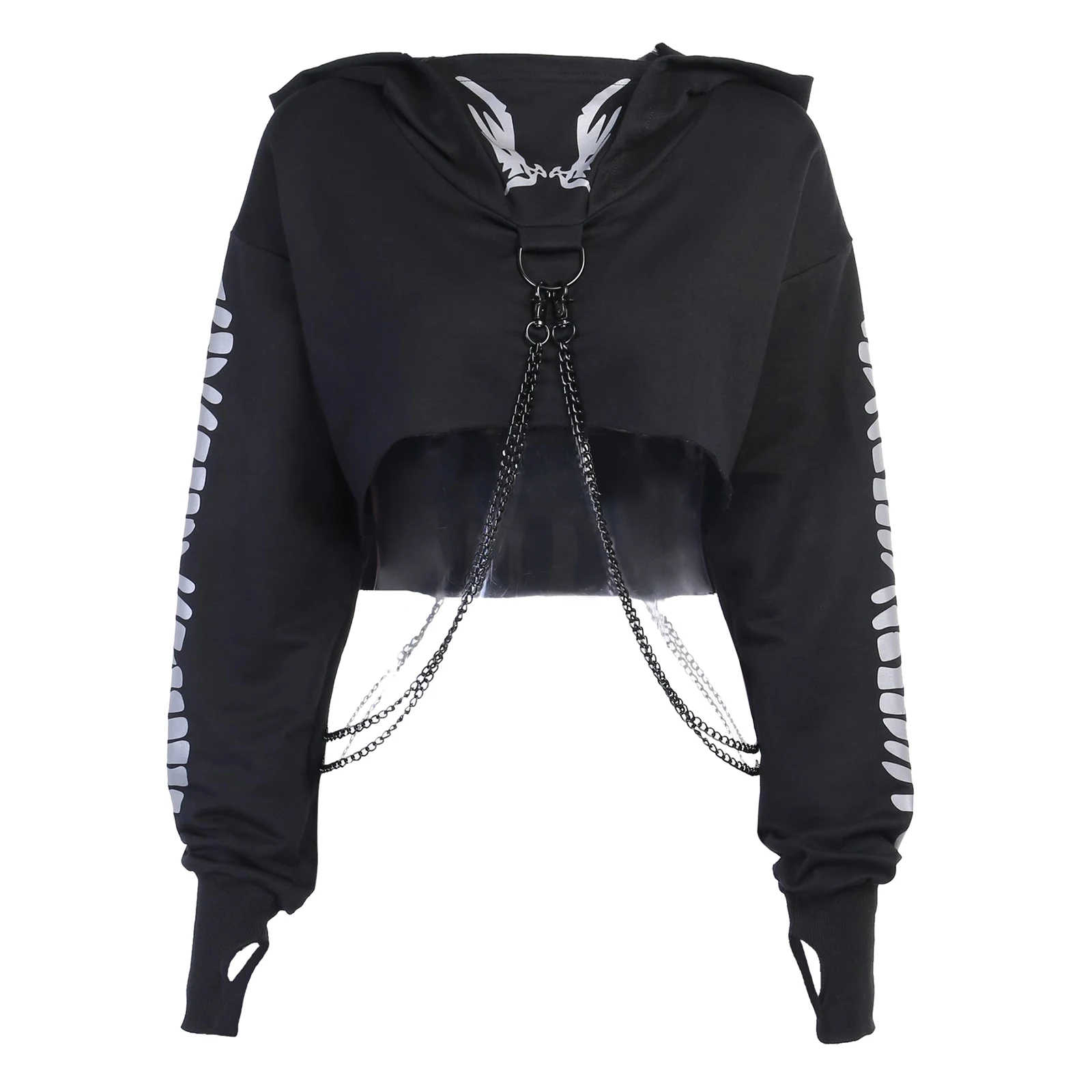 Women Gothic Reflective Print Hoodies Crop Top Pullover Sweatshirt Jumpers with Detachable O-ring Chain