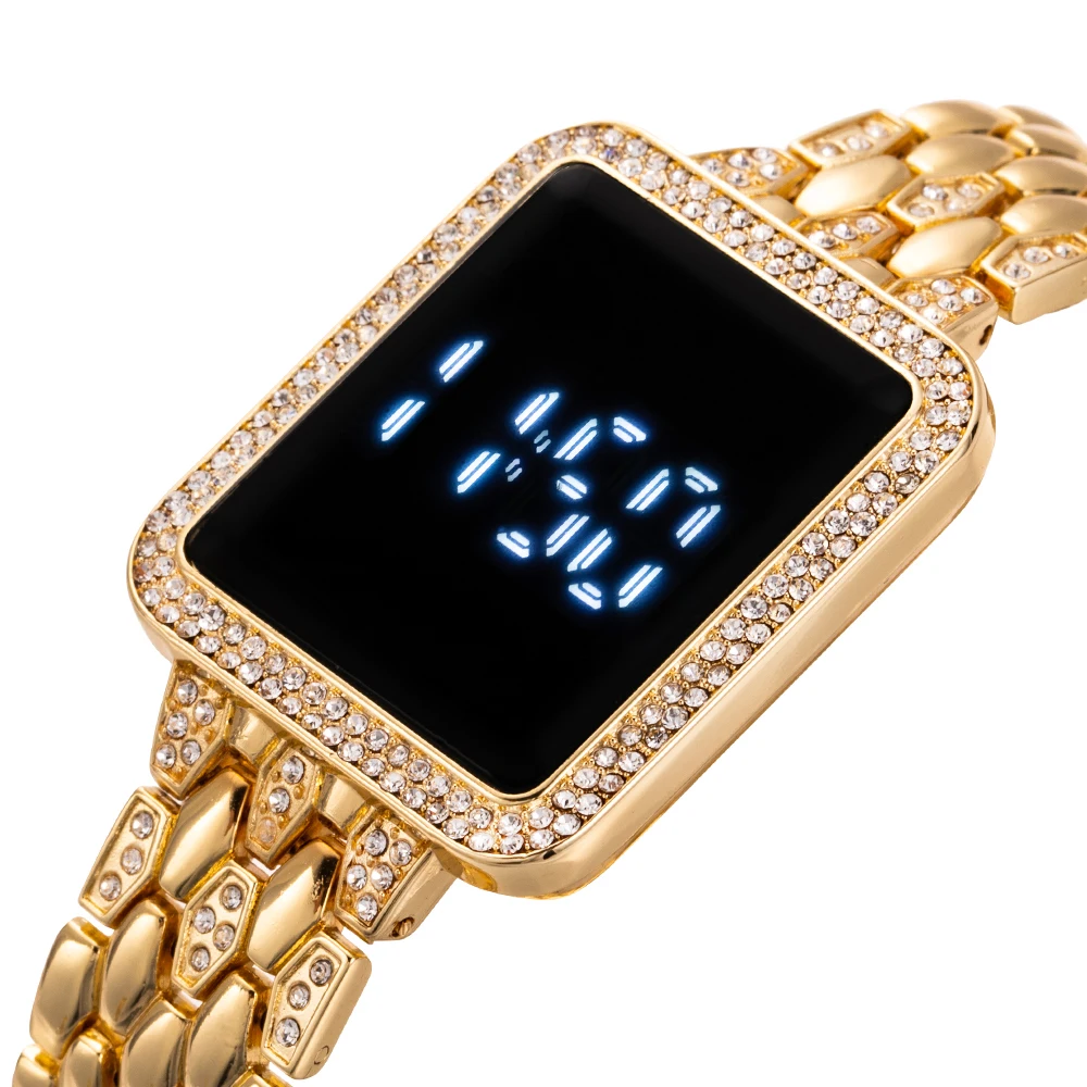 Touch Screen LED Digital Women\'s Watches Stainless Steel Butterfly Clasp Rectangle Dial Metal Strap Waterbrick Female Wristwatch