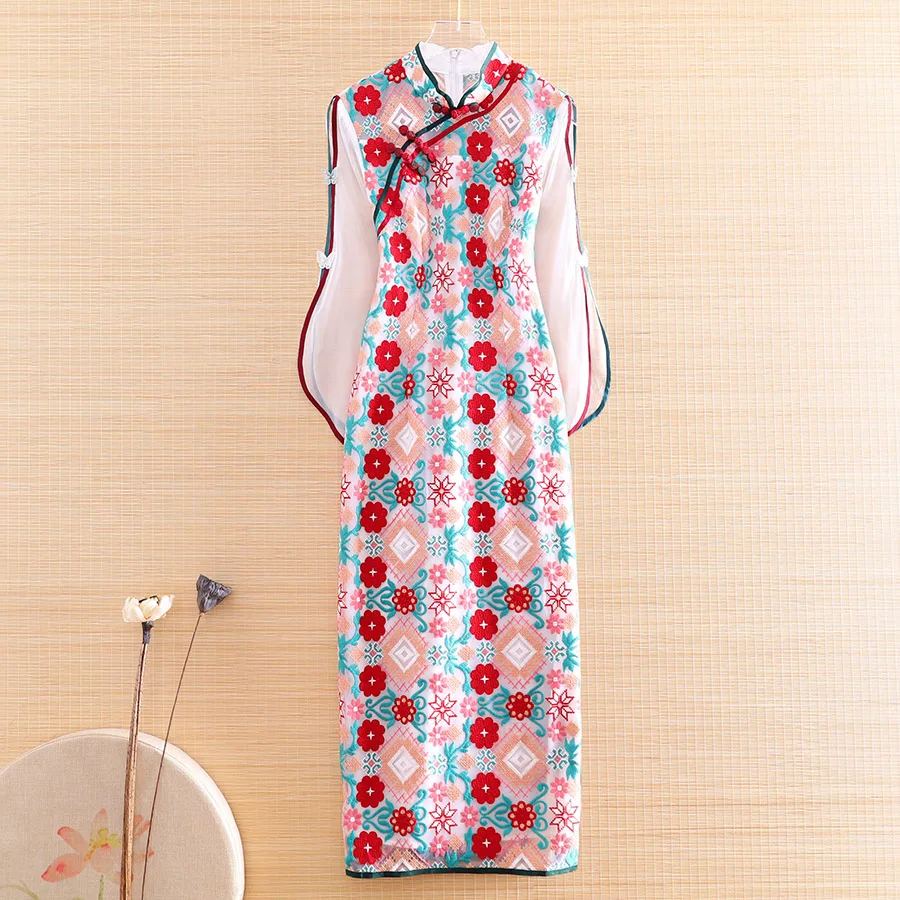 

Autumn Chinese Style Mesh Women Cheongsam Dress Ethnic Style Retro Elegant Embroidery Slim A-line Lady Qipao Dress S-XXL
