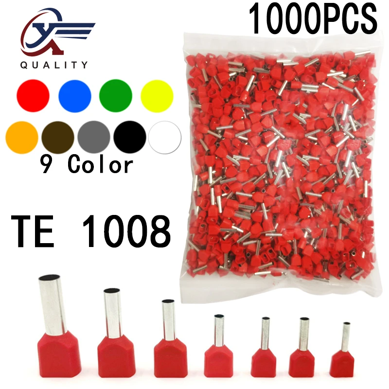 

1000pcs/Pack TE 1008 Insulated Ferrules Terminal Block Double Cord Terminal Copper Insulated Crimp terminal Wires 2x1.0mm2