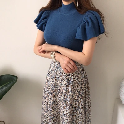 2022 Summer Korean Fashion Two Piece Skirt Sets Women Blue Knitted Tops + Elastic Waist Printed Long Skirt Vintage Elegant Suits