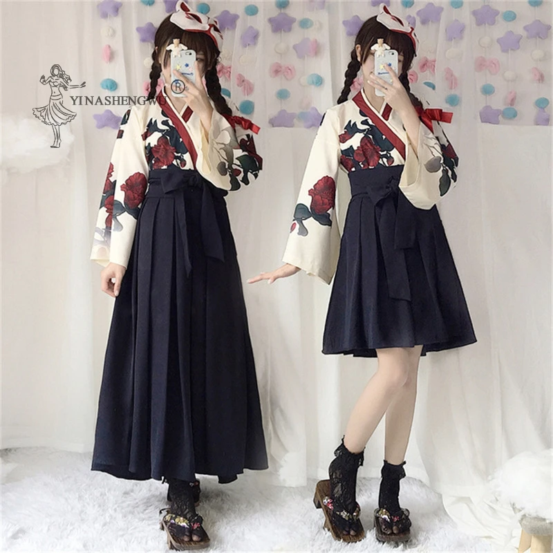 Kimono Dress Costume Japanese Women Tops Skirt 2 Pcs Lady Yukata Haori Print Kawaii Clothes Floral Femal Clothing Girl Robe Sets