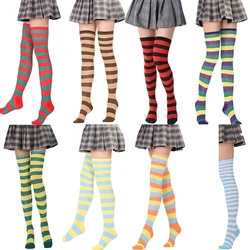 Women Girls Over Knee Long Stripe Printed Thigh High Striped Cotton Socks Japanese Color Striped Socks Plus Size Overknee Socks