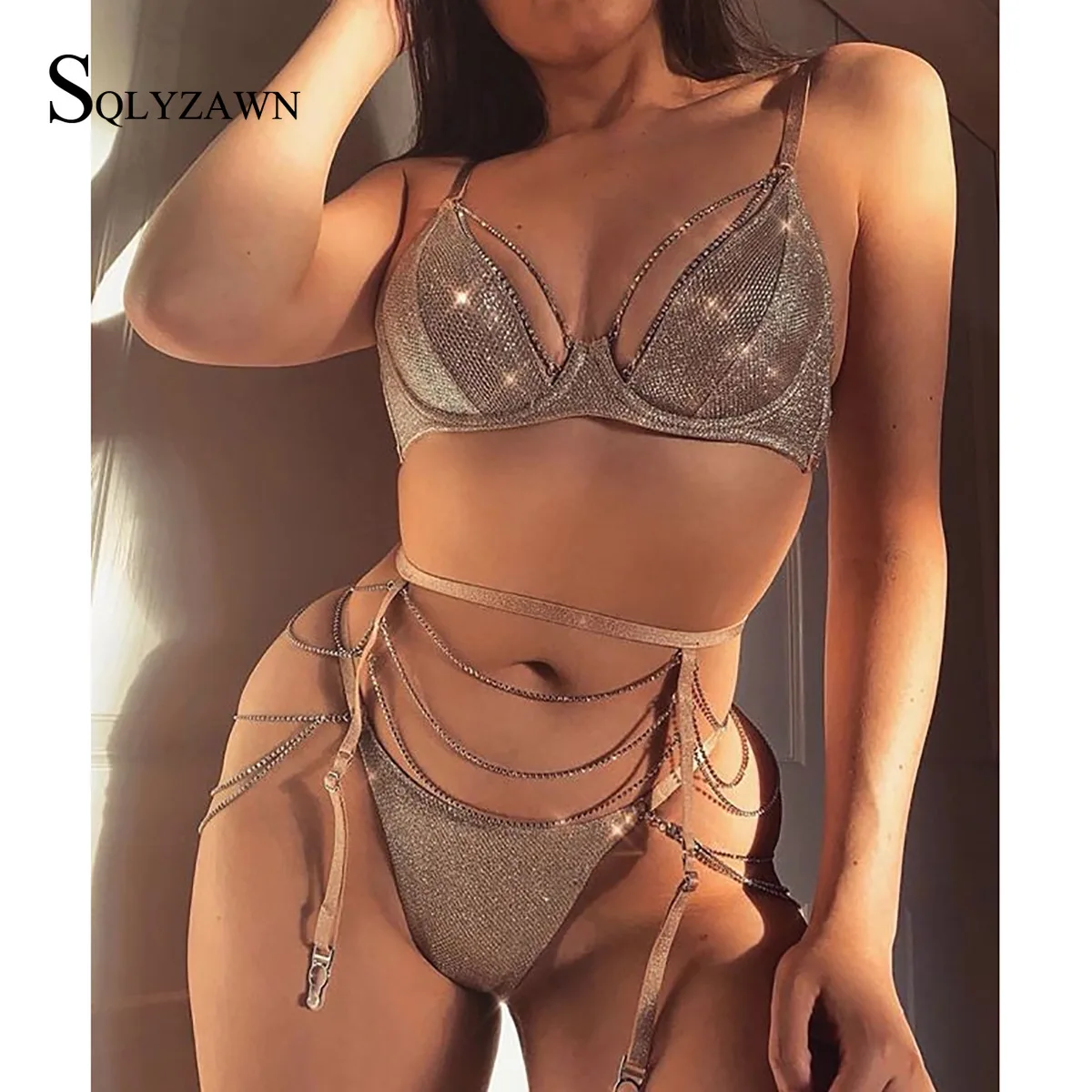 Sexy Shiny Rhinestone Diamond Bra Set Temptation Lace Women Underwear Hollow Push Up Bra+Through+Garter 3-piece Lingerie Club