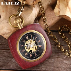 Wooden Mechanical Pocket Watch for Men Antique Golden Red Sandalwood Wood Case Gold Back Engraved Fob Chain Clock Dropshipping