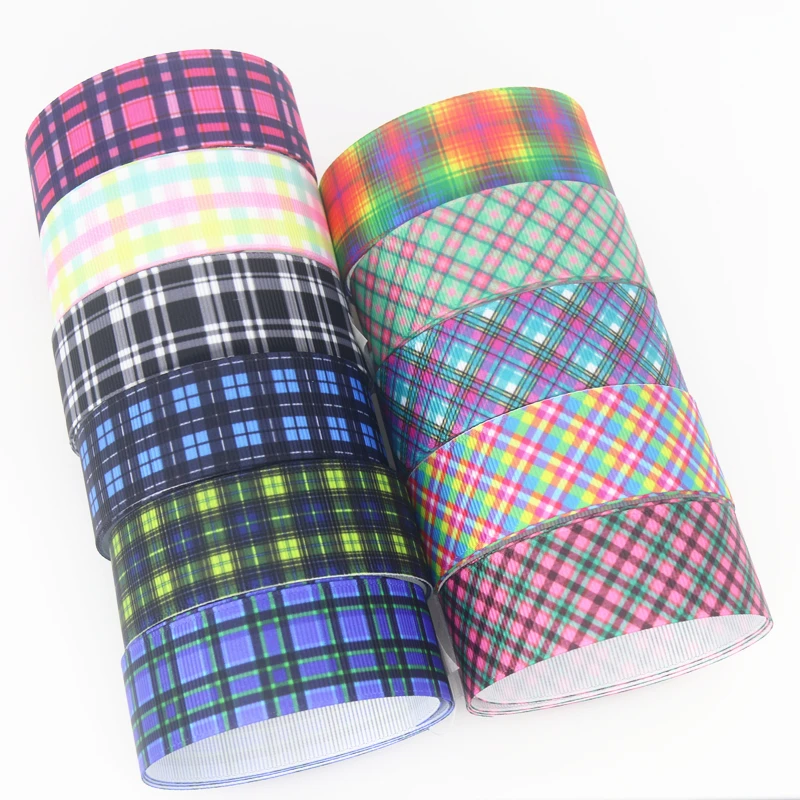 DUWES 50yards plaid grid Printed Grosgrain Ribbon Accessory Hairbow Headwear Decoration DIY Wholesale OEM D1427