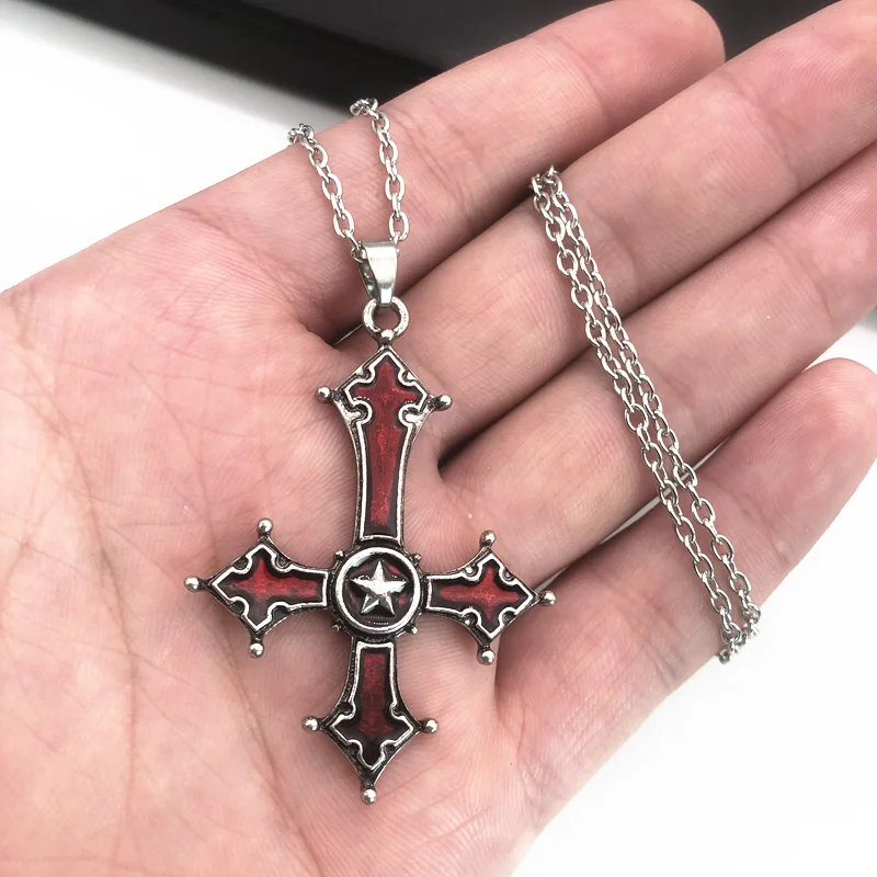 Red Bloody Inverted Cross Pendant Necklace Vintage Gothic Cross Pendant Necklace Devil Lucifer Satan Satanic Jewelry