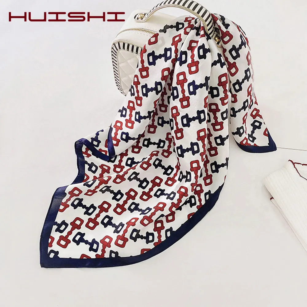 

HUISHI Silk Hair Scarf Women Foulard Neck Wrap 53cm Square Kerchief Soft Bandana Chain Print Lady Head Band Scarves Tie For Lady