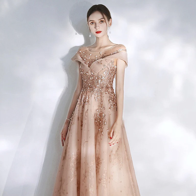 A-line Champagne Prom Dress manica corta Scoop Neck Illusion Crystal paillettes Beaded Long Wedding Banquet Party Guest abito da sera