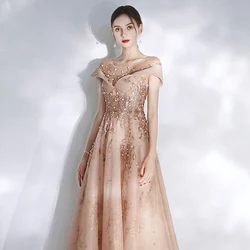 A-Line Champagne Prom Dress Short Sleeve Scoop Neck Illusion Crystal Sequin Beaded Long Wedding Banquet Party Guest Evening Gown