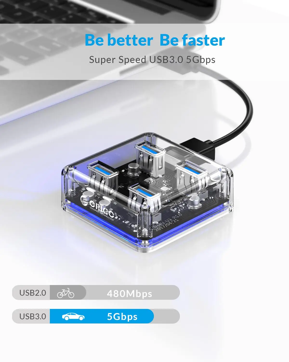 ORICO Transparent Series USB HUB  4 Ports USB 3.0 Desktop HUB High Speed USB Splitter Support OTG With Micro USB Power Interface