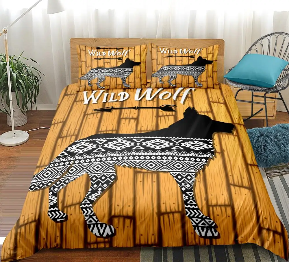 Wild Wolf Bedding Set Duvet Cover 3-Piece Bedspreads Wood Brown Striped Bed Cover Set King Size Home Textiles