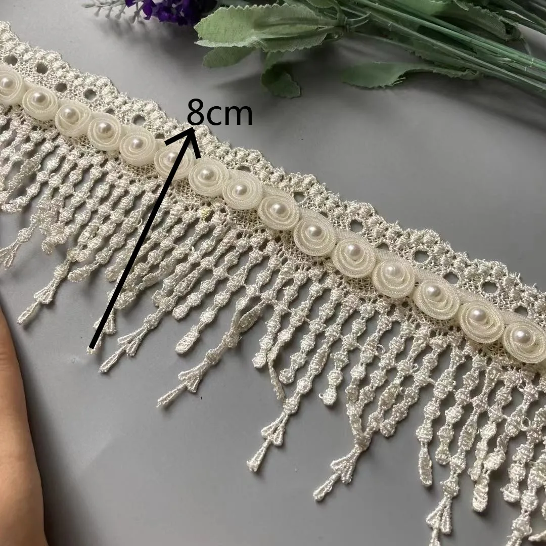 1 Yard Ivory 8cm Ribbon Plum Flowers Pearl Lace Trimmings Ribbons Beaded Lace Fabric Embroidered Sewing Wedding Dress Clothes