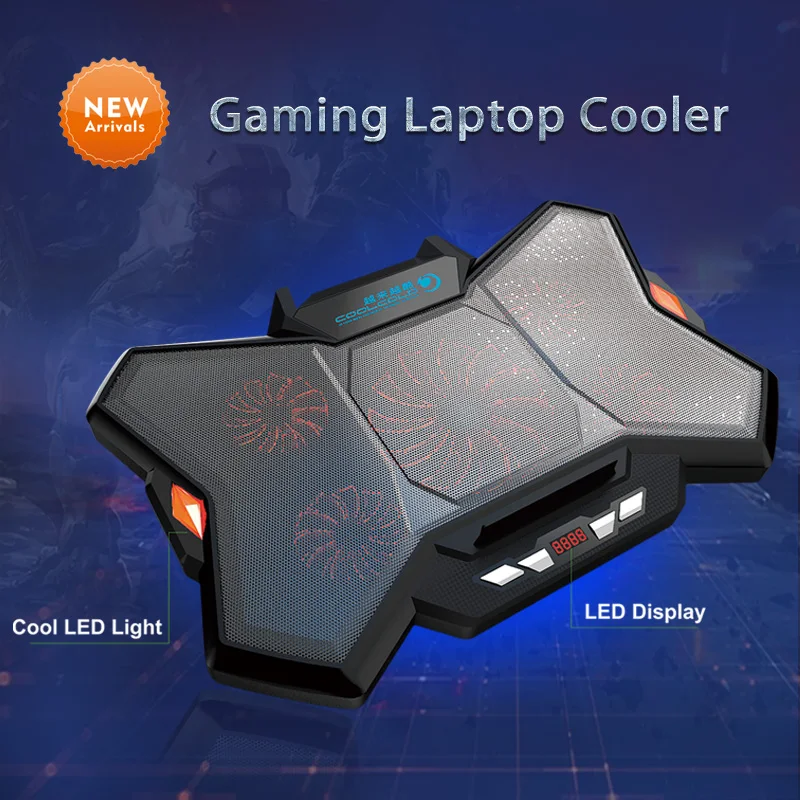 Coolcold new arrival notebook cooler pad led light gaming notebook cooler stand com 5 ventiladores e 2 usb para 17 polegadas