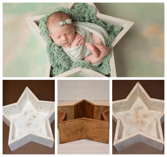 Newborn Photography Props Mini Baby Wooden Bed Baby Shoot Container Five-pointed Star Bed Photo Studio Posing Prop Creative Prop