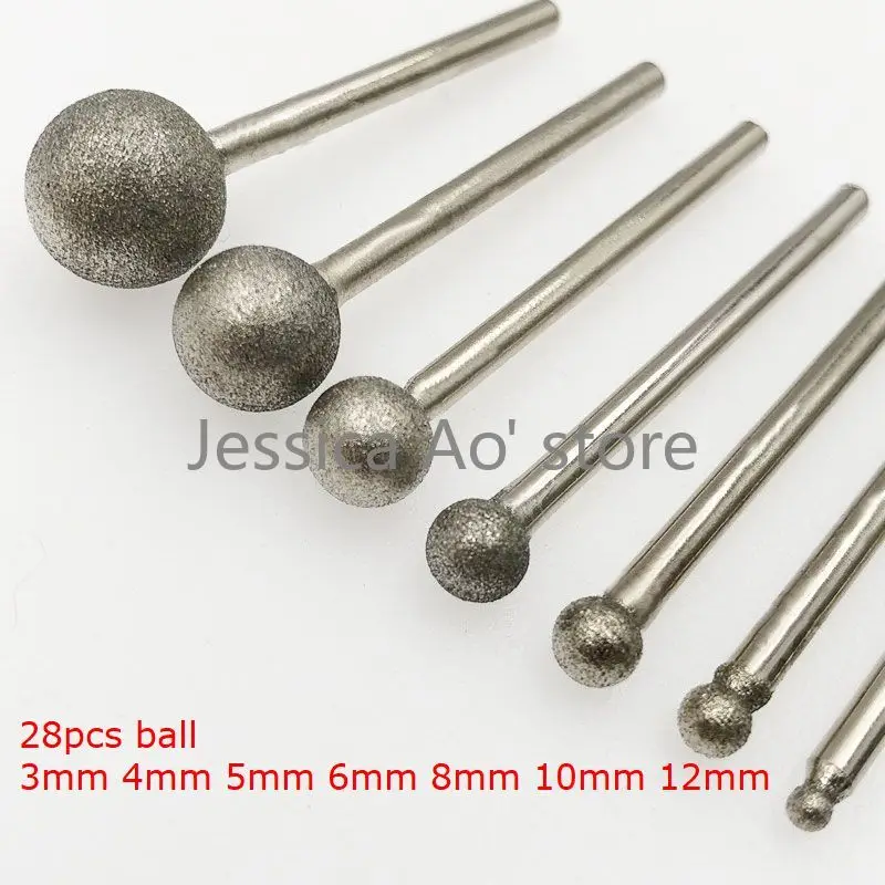 28pcs 3-12mm Cylinder/ball Shape Stone Cutters Granite Carving Tools Rotary Burrs Power Tool Diamond Grinding Head 150 Grit