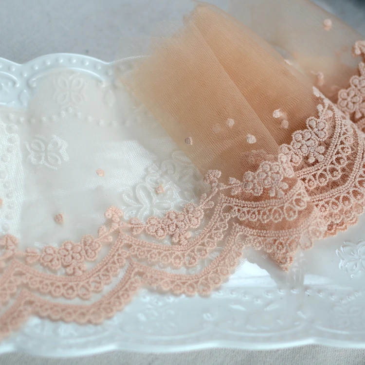 12CM Wide Tulle Orange Mesh Fabric Embroidery Flowers Ribbon Lace Collar Trim For Wedding Dresses Head Veil DIY Sewing Decor