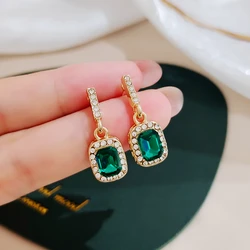 Green Gem Square Inlaid Rhinestone Drop Earrings Women Simple Zircon CZ Crystal Geometric Ear Jewelry Valentine's Day Gift