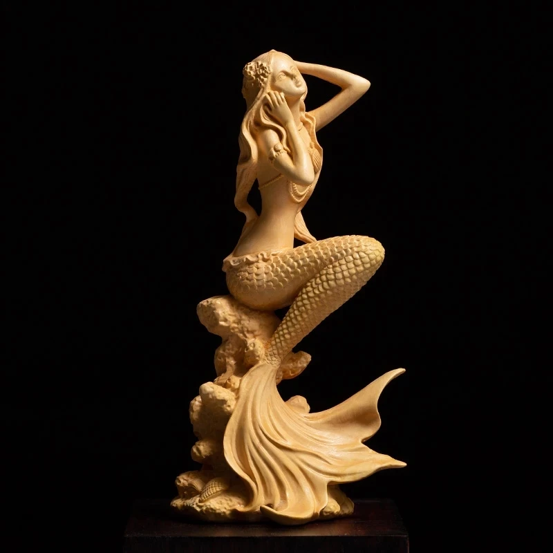 

Escultura de sirena de madera tallado a mano pura tallado de boj, 15/19cm, decoración del hogar, artesanía de tallado para ofici