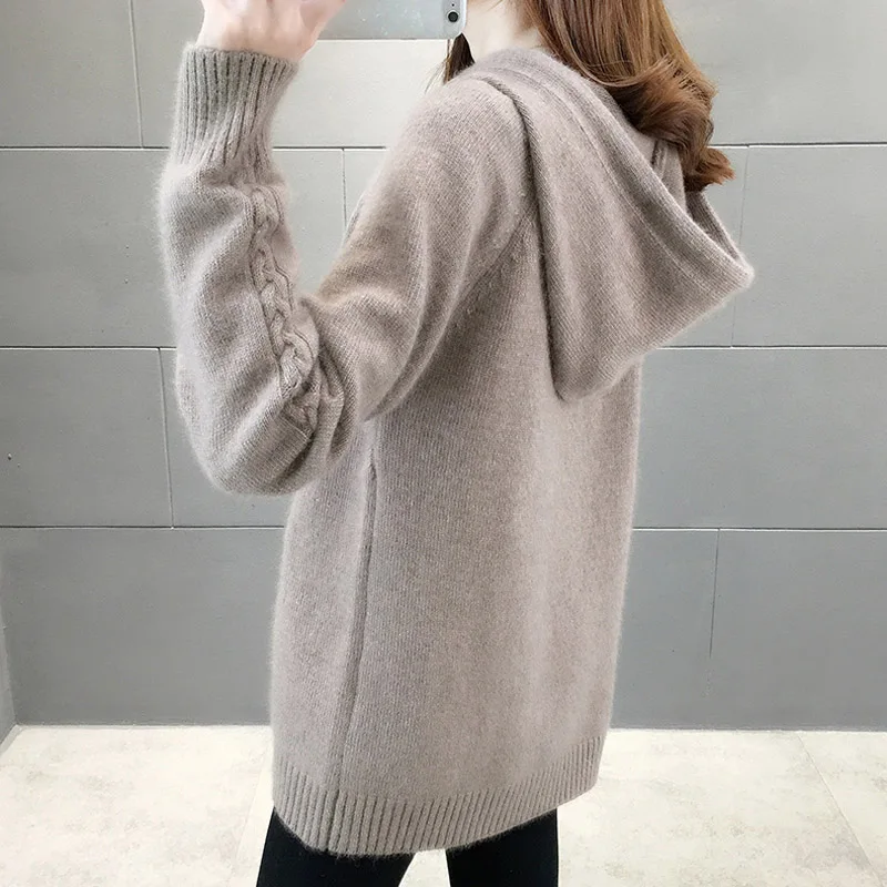 JMPRS Pullover Women Sweater Loose Knitted Hooded Long Sleeve Jumper Thick Solid Ladies Sweater Casual Winter  Tops